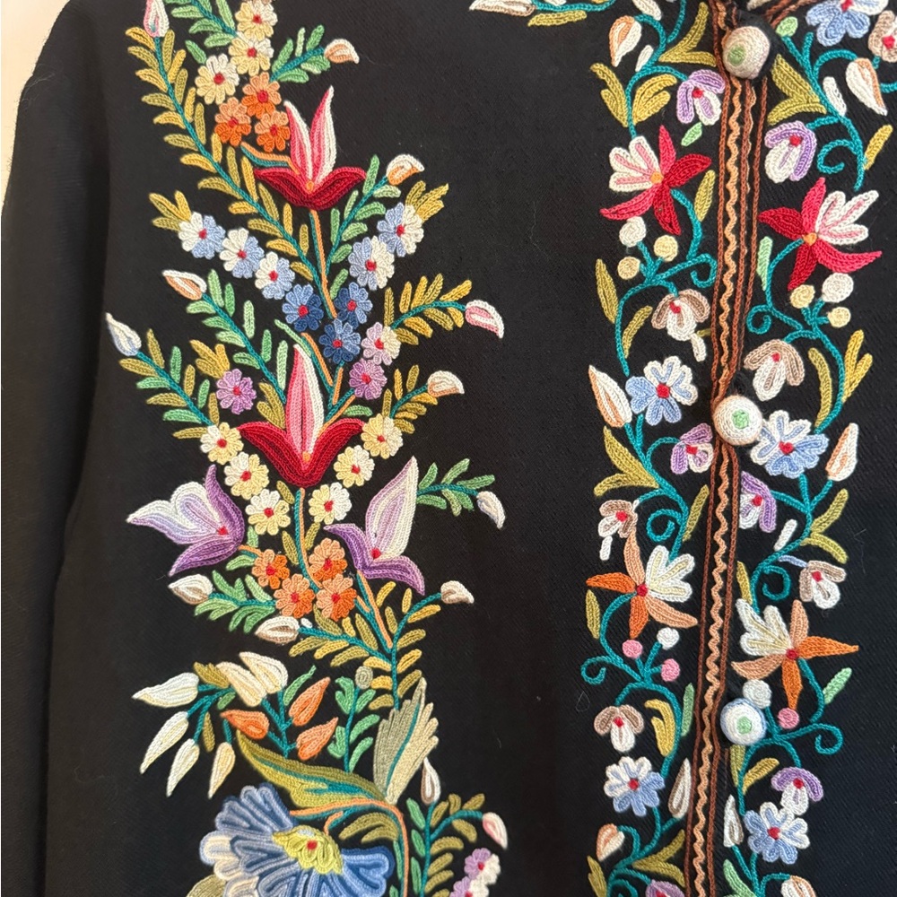black wool Kashmiri jacket featuring multicolor allover Aari embroidery - Picture 4 of 15